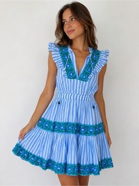 Oliphant Stunning Blue Stripe Embroidered Ruffle Mini Dress XS 100% Cotton India
